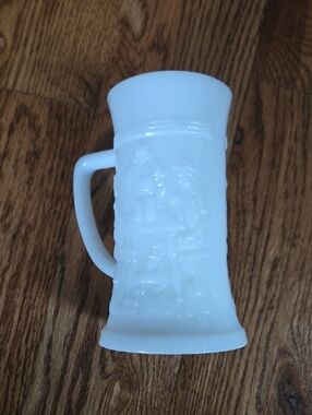 Vintage White Milk Glass Stein Mug with Design